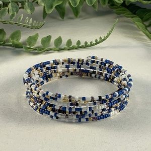 Dainty blue and white stacked beaded bracelet